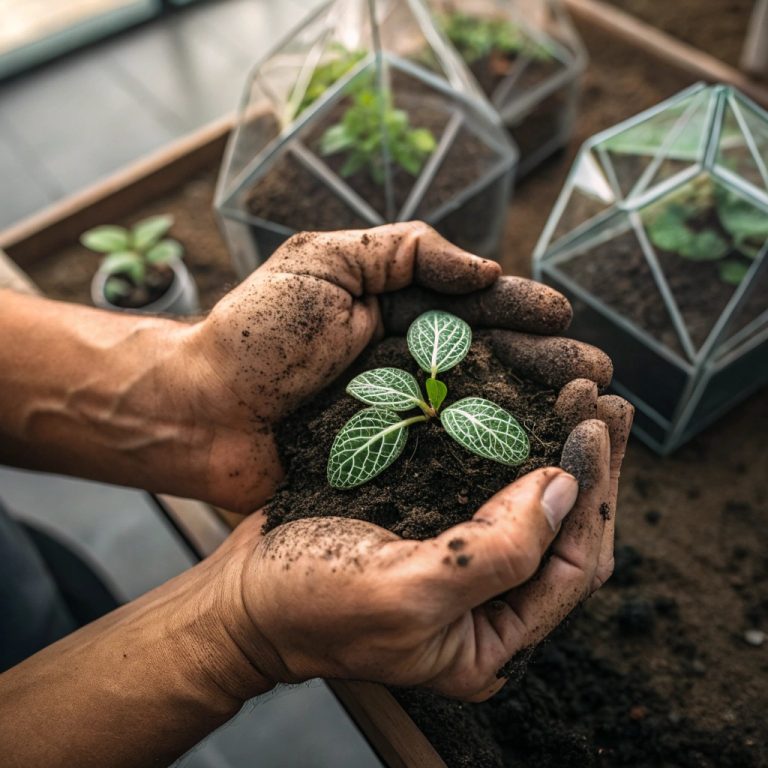 imagen generada por IA de unas manos con una fitonia desenraizada