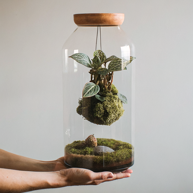 Imagen que muestra un terrario con un kokedama