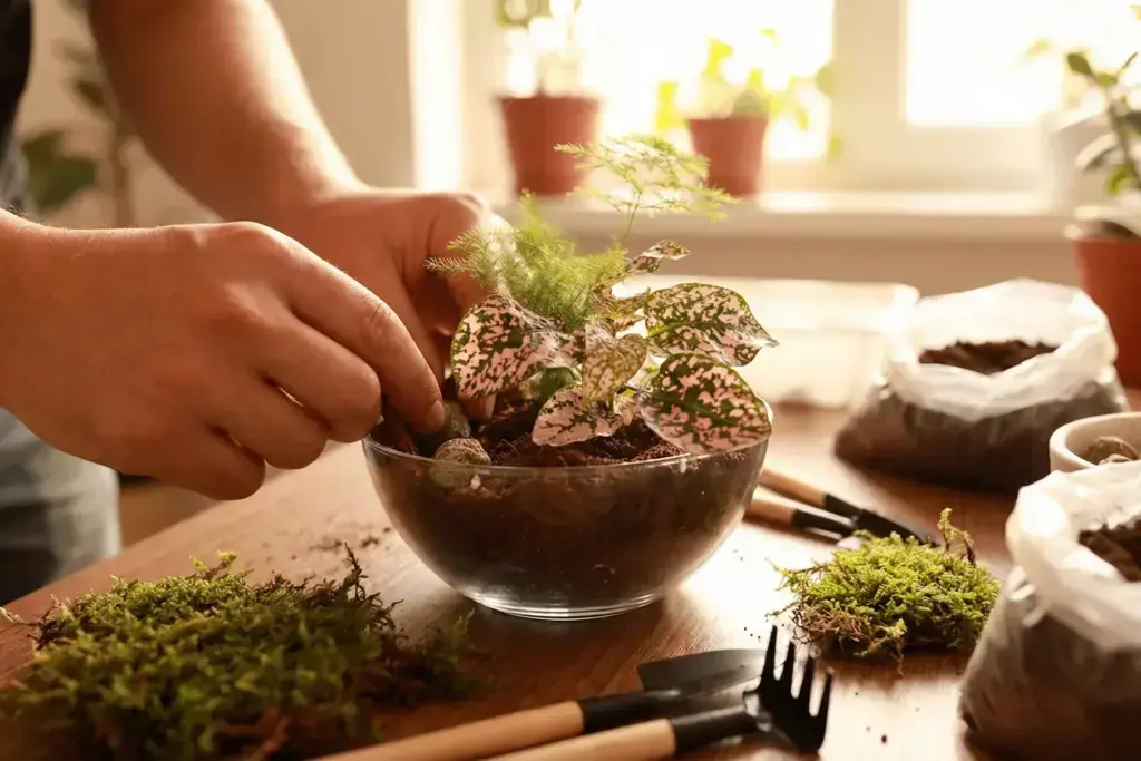 imagen de un unas manos mientras manipulan un terrario